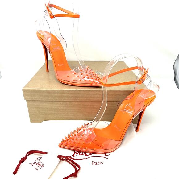 🔥 NWT Christian Louboutin Spikoo 100 Neon Fluo Orange PVC Spiked Heels 38.5 - Picture 12 of 13